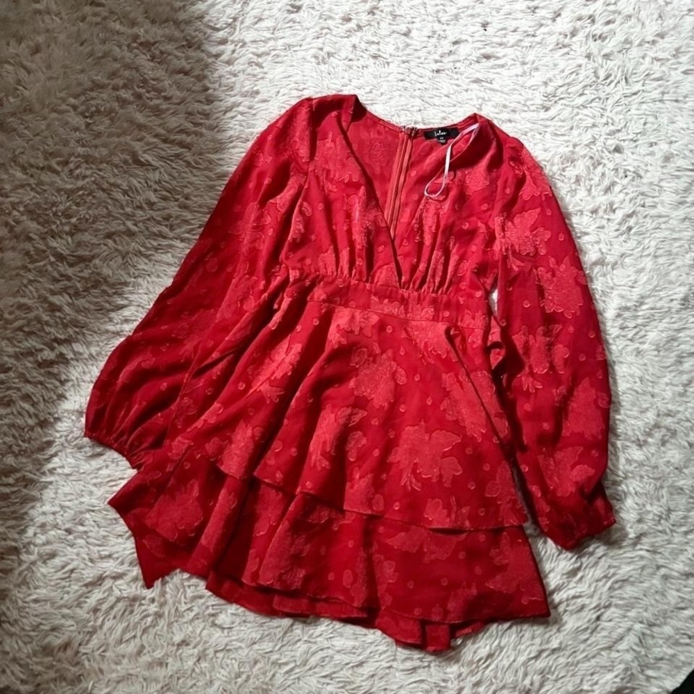 Red Whimsical Vivid Bold Ruffle Puff Sleeve Dress Womens XS Ethereal Fairy Core